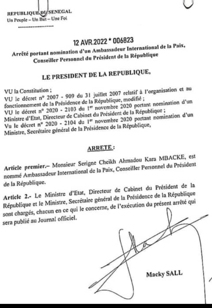 Serigne Modou Kara nommé Conseiller personnel du président de la République