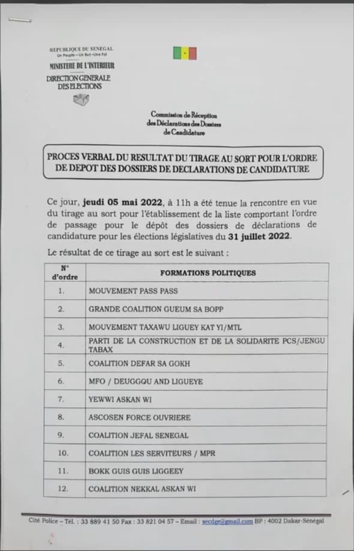 Ordre de dépôt des dossiers de candidature: Yewwi devant BBY 2 Tirage au sort de l'ordre de passage des dépôts de candidatures: YAW arrive avant AAR Sénégal et BBY