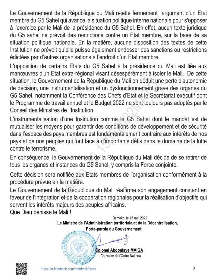 Le Mali se retire du G5 Sahel