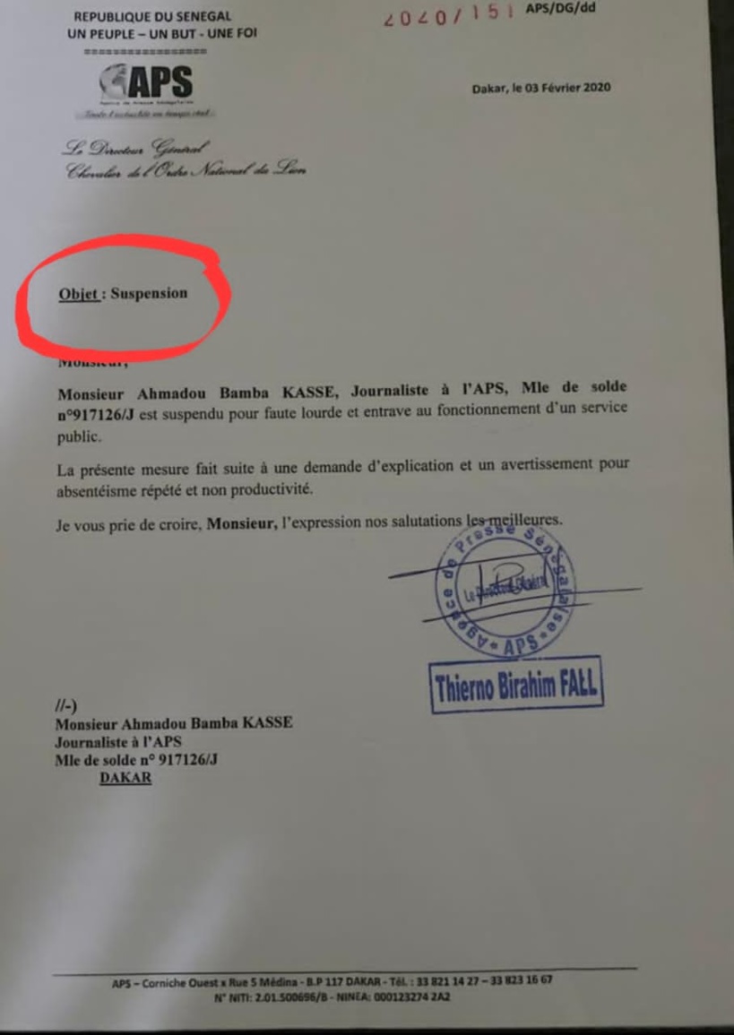 Bamba Kassé répond au Directeur de l’APS: « Thierno Birahim Fall est dans le mensonge » (Communiqué) Bamba Kassé répond au Directeur de l’APS: « Thierno Birahim Fall est dans le mensonge » (Communiqué)