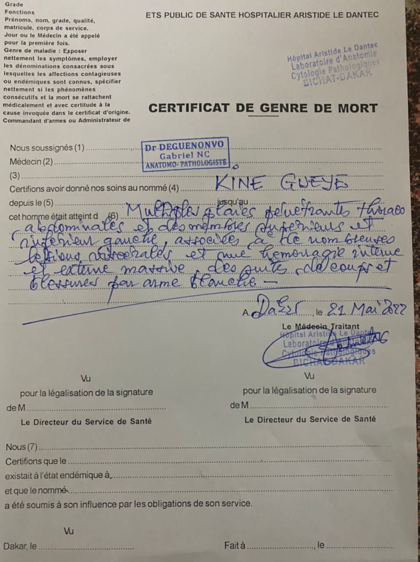 Assassinat de Fatou Kiné Gaye: ce que révèle le certificat de genre de mort Assassinat de Fatou Kiné Gaye: ce que révèle le certificat de genre de mort
