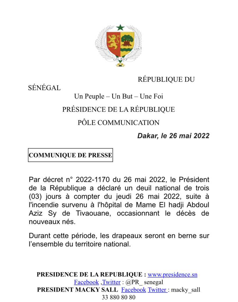 Décret présidentiel instaurant un deuil national de 3 jours au Sénégal à compter de ce jeudi 26 mai