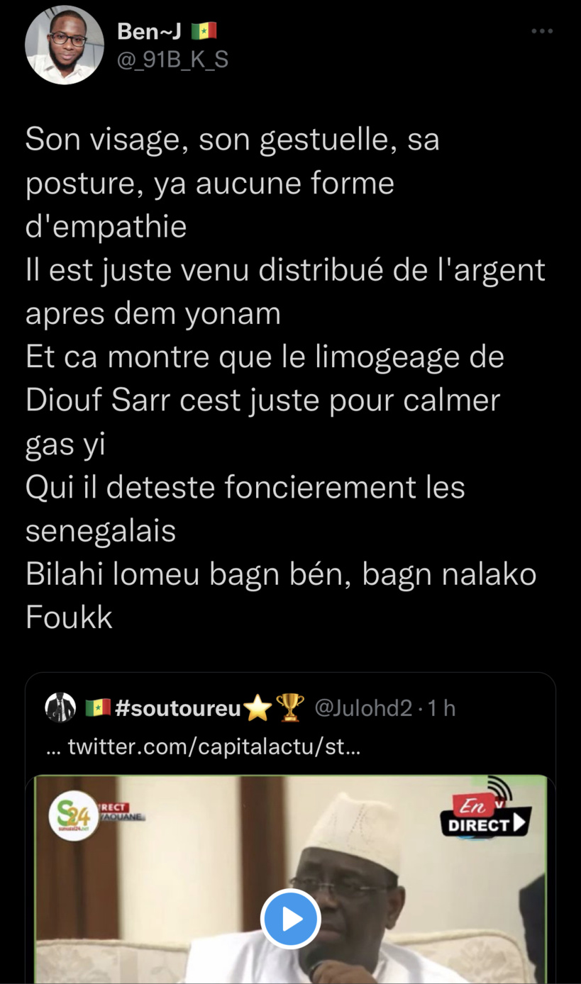 « Qu’on règle ça vite, que je m’en aille », la phrase méprisante de Macky Sall devant les victimes qui choque les Sénégalais « Qu’on règle ça vite, que je m’en aille », la phrase méprisante de Macky Sall devant les victimes qui choque les Sénégalais