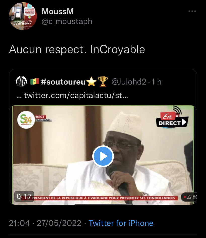 « Qu’on règle ça vite, que je m’en aille », la phrase méprisante de Macky Sall devant les victimes qui choque les Sénégalais « Qu’on règle ça vite, que je m’en aille », la phrase méprisante de Macky Sall devant les victimes qui choque les Sénégalais
