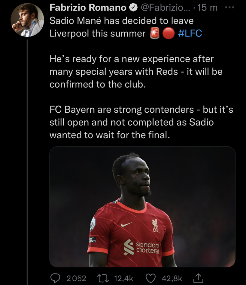 « Sadio Mané a décidé de quitter Liverpool », informe Fabrizio Romano