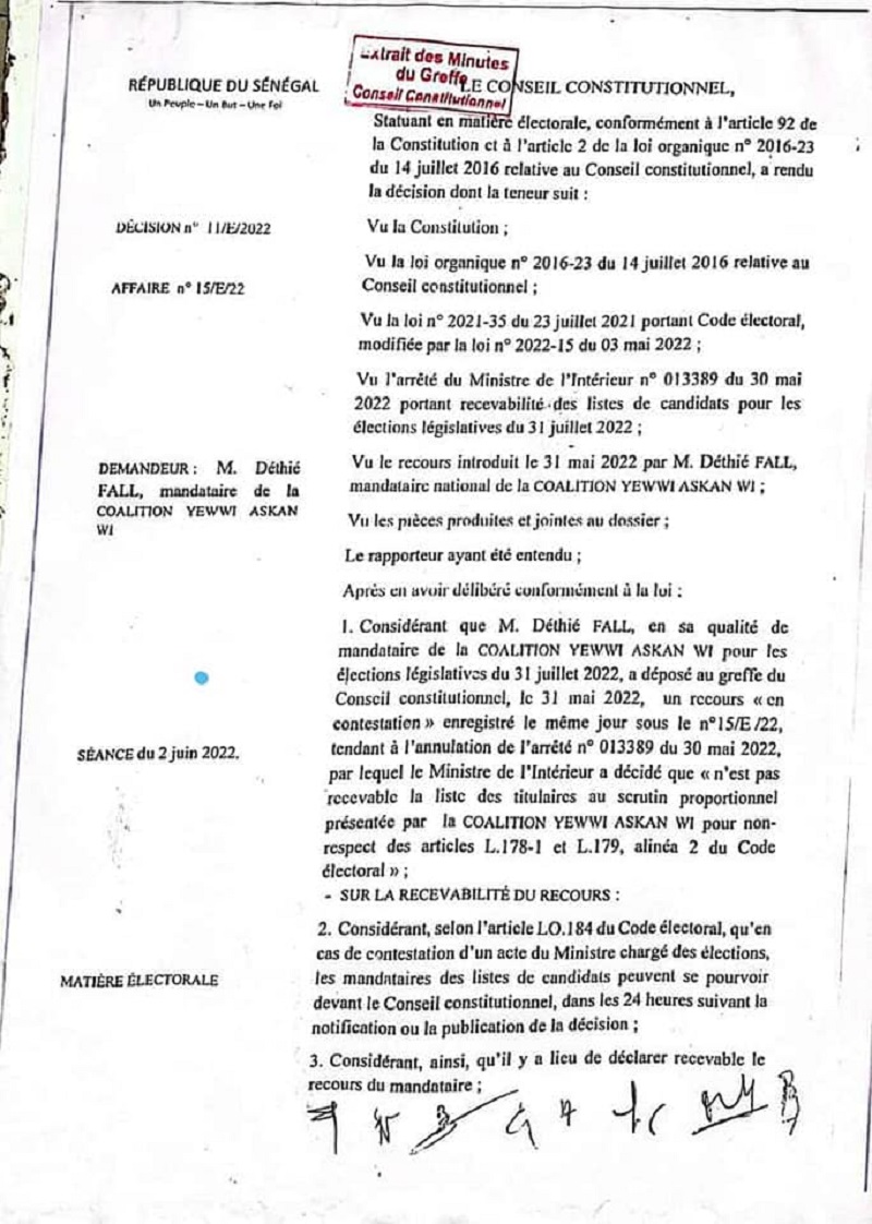 Demande d’annulation de la décision du Ministre de l’Intérieur : le recours de YAW rejeté par le Conseil Constitutionnel Demande d’annulation de la décision du Ministre de l’Intérieur : le recours de YAW rejeté par le Conseil Constitutionnel