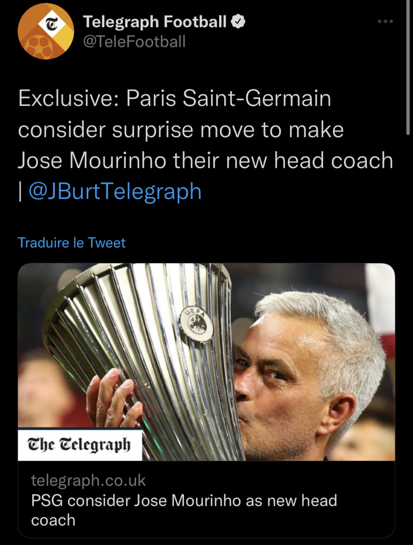 Le PSG envisage sérieusement de faire de Mourinho son prochain entraîneur, selon les médias talk Sport et The Telegraph Le PSG envisage sérieusement de faire de Mourinho son prochain entraîneur, selon les médias talk Sport et The Telegraph