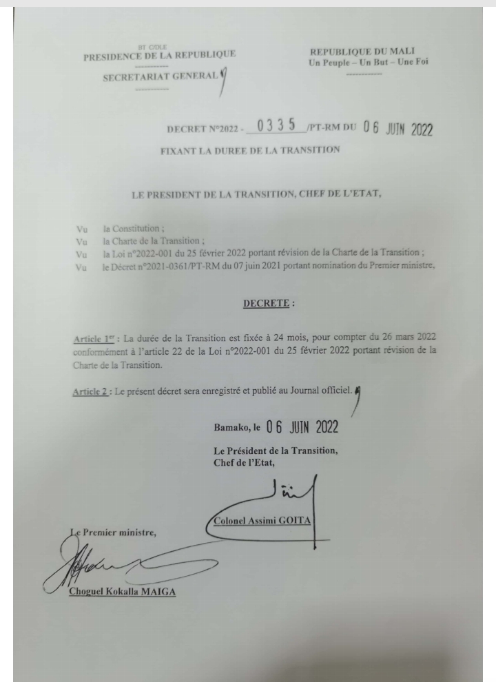 Mali: la durée de la transition fixée à 24 mois, à compter du 26 mars 2022 (décret) Mali: la durée de la transition fixée à 24 mois, à compter du 26 mars 2022 (décret)