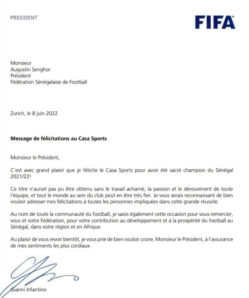Champion de la Ligue 1 : la Fifa félicite Casa Sports dans une lettre