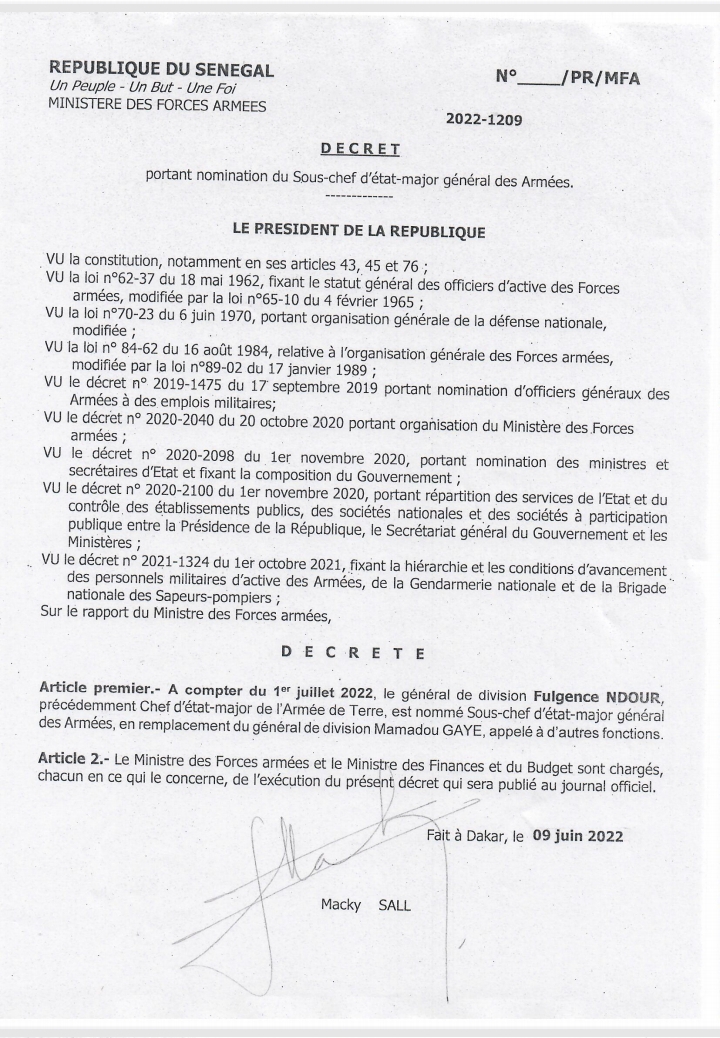 Forces Armées: Macky Sall signe plusieurs décrets portant promotion et nominations Forces Armées: Macky Sall signe plusieurs décrets portant promotion et nominations