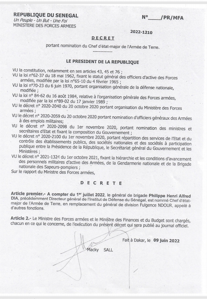 Forces Armées: Macky Sall signe plusieurs décrets portant promotion et nominations Forces Armées: Macky Sall signe plusieurs décrets portant promotion et nominations