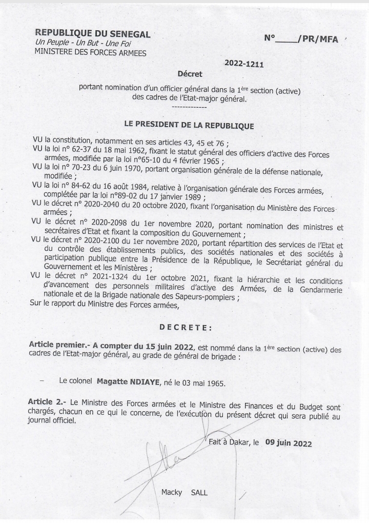 Forces Armées: Macky Sall signe plusieurs décrets portant promotion et nominations Forces Armées: Macky Sall signe plusieurs décrets portant promotion et nominations