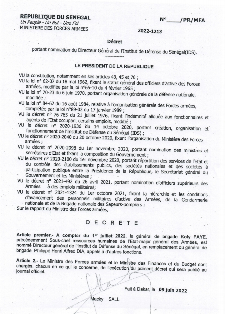 Forces Armées: Macky Sall signe plusieurs décrets portant promotion et nominations Forces Armées: Macky Sall signe plusieurs décrets portant promotion et nominations