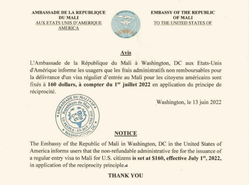 Principe de réciprocité: Assimi Goita fait payer aux américains les frais de visa non remboursables (document) Principe de réciprocité: Assimi Goita fait payer aux américains les frais de visa non remboursables (document)