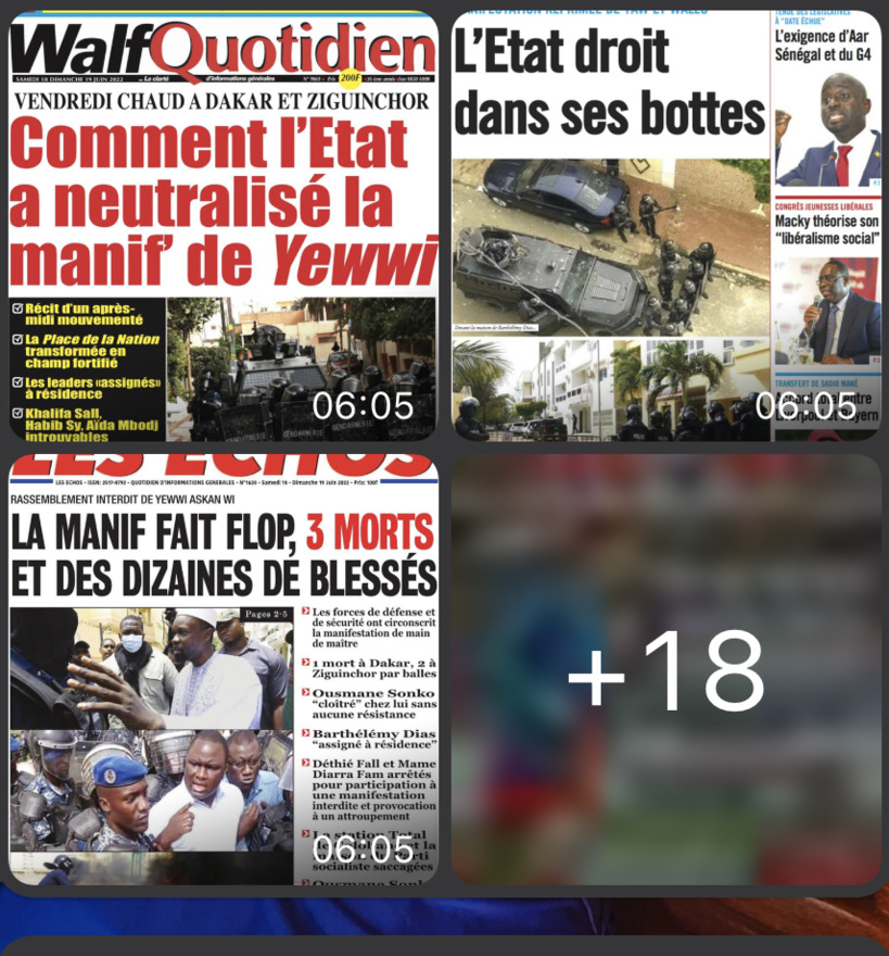 Manifestations du vendredi 17 juin: un bilan lourd de 3 morts, 11 blessés que les journaux sénégalais tentent de masquer en fiasco Manifestations du vendredi 17 juin: un bilan lourd de 3 morts, 11 blessés que les journaux sénégalais tentent de masquer en fiasco