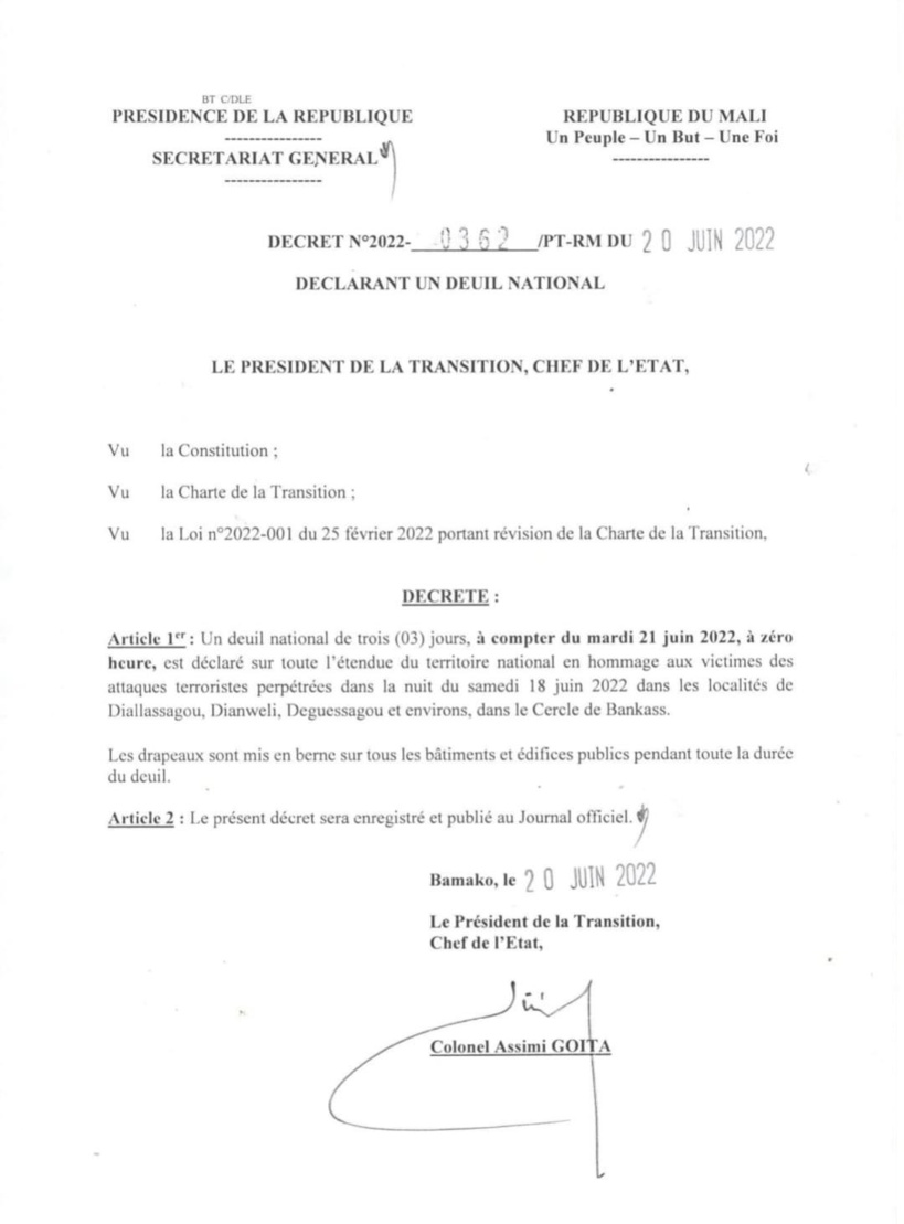 Mali : Deuil national de 3 jours suite à l'assassinat de 132 civils par des terroristes