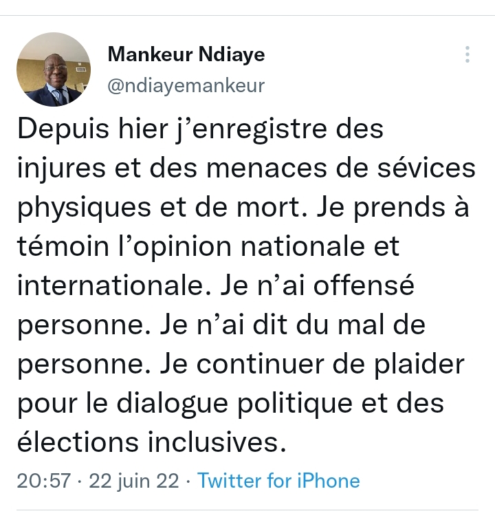 Mankeur Ndiaye victime de "menaces de mort", après sa sortie sur la situation politique du pays