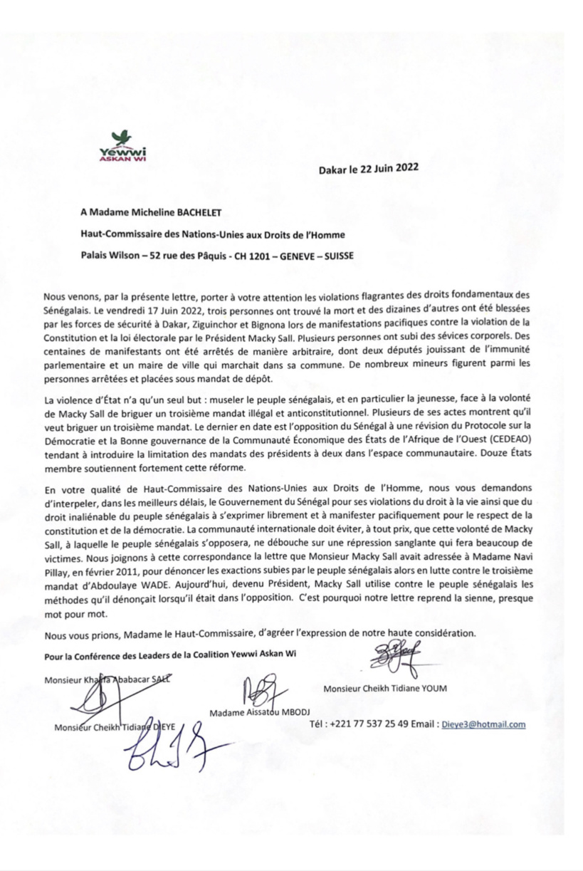 La coalition Yewwi Askan Wi a envoyé sa lettre au Haut Commissaire des NU aux Droits de l’Homme La coalition Yewwi Askan Wi a envoyé sa lettre au Haut Commissaire des NU aux Droits de l’Homme