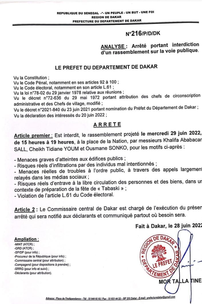 Le préfet de Dakar évoque 5 motifs pour interdire la manifestation de Yewwi Askan Wi Le préfet de Dakar évoque 5 motifs pour interdire la manifestation de Yewwi Askan Wi