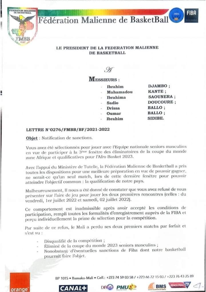 ​Mali: sept joueurs radiés par la Fédération de Basketball