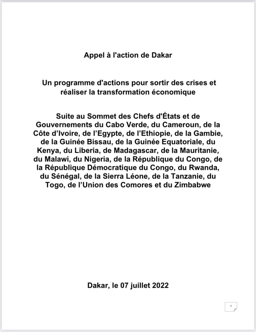 Appel à l'action de Dakar : les chefs d’Etats africains se mobilisent en vue de soutenir un programme ambitieux de développement à travers le continent Appel à l'action de Dakar : les chefs d’Etats africains se mobilisent en vue de soutenir un programme ambitieux de développement à travers le continent
