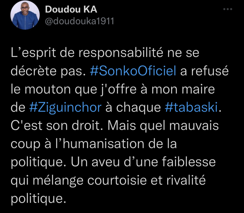 Vexé par le rejet de son mouton de Tabaski par Sonko, Doudou Ka parle d’aveu de faiblesse