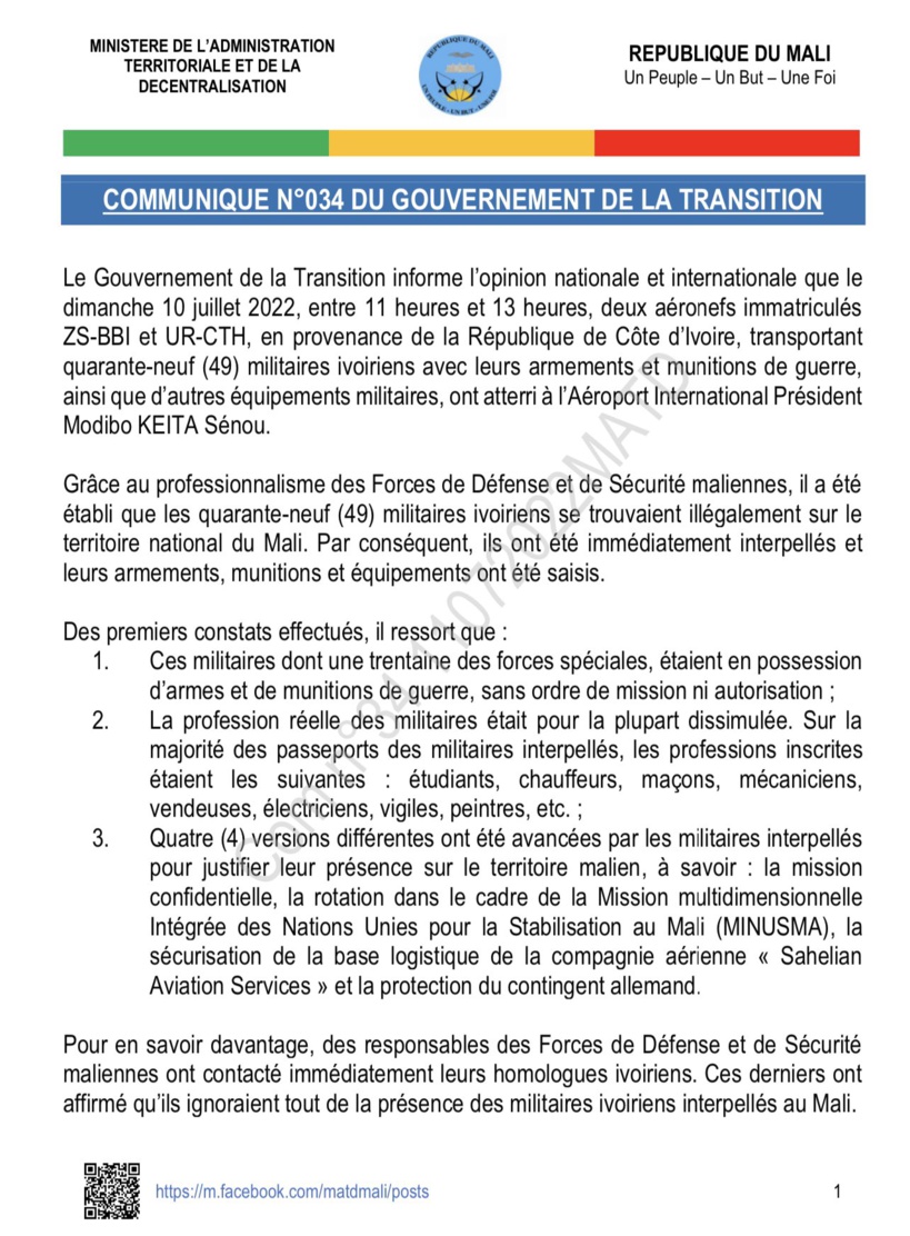Mali : les 49 soldats ivoiriens arrêtés à Bamako sont considérés comme des mercenaires et seront jugés Mali : les 49 soldats ivoiriens arrêtés à Bamako sont considérés comme des mercenaires et seront jugés