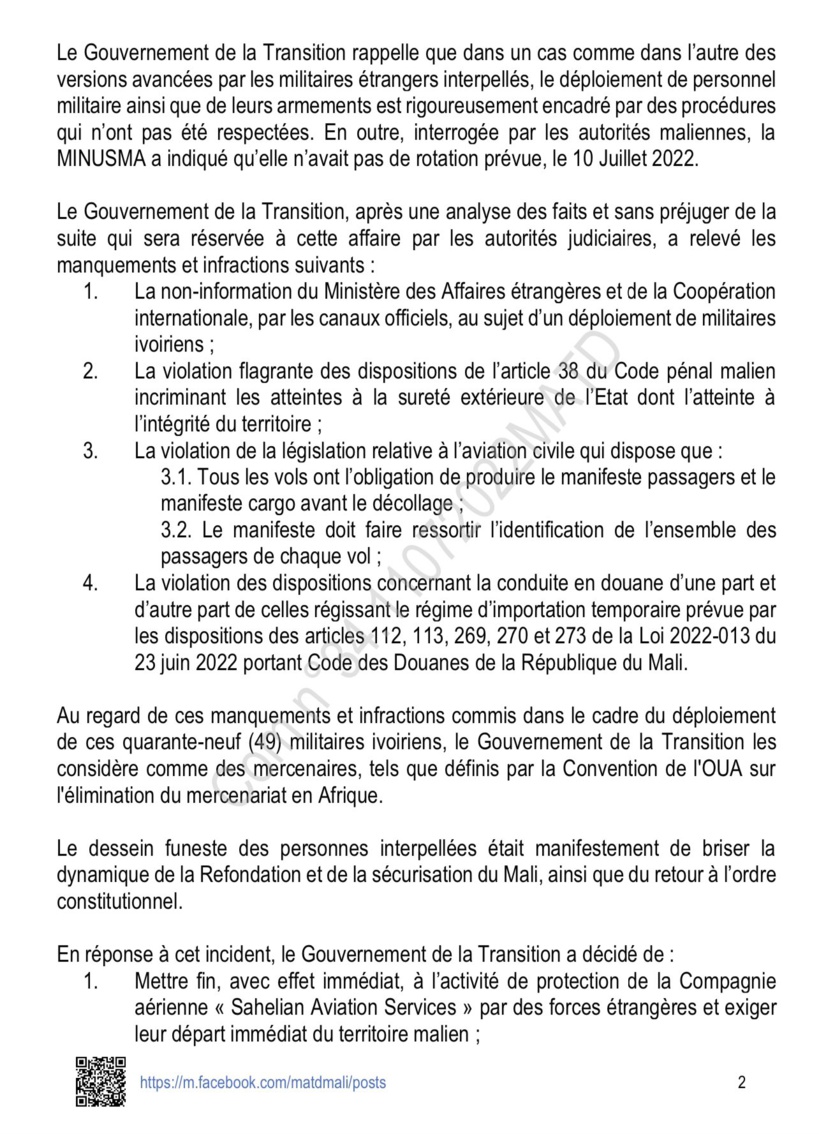 Mali : les 49 soldats ivoiriens arrêtés à Bamako sont considérés comme des mercenaires et seront jugés Mali : les 49 soldats ivoiriens arrêtés à Bamako sont considérés comme des mercenaires et seront jugés