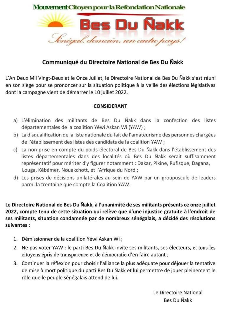 Bes Du Ñakk de Serigne Mansour Sy Djamil quitte Yewwi Askan Wi 