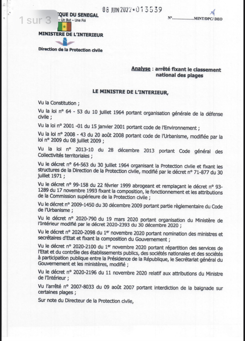 Le ministre de l’Intérieur fait le classement des plages autorisées pour les baignades et celles non-autorisées (Document) Le ministre de l’Intérieur fait le classement des plages autorisées pour les baignades et celles non-autorisées (Document)