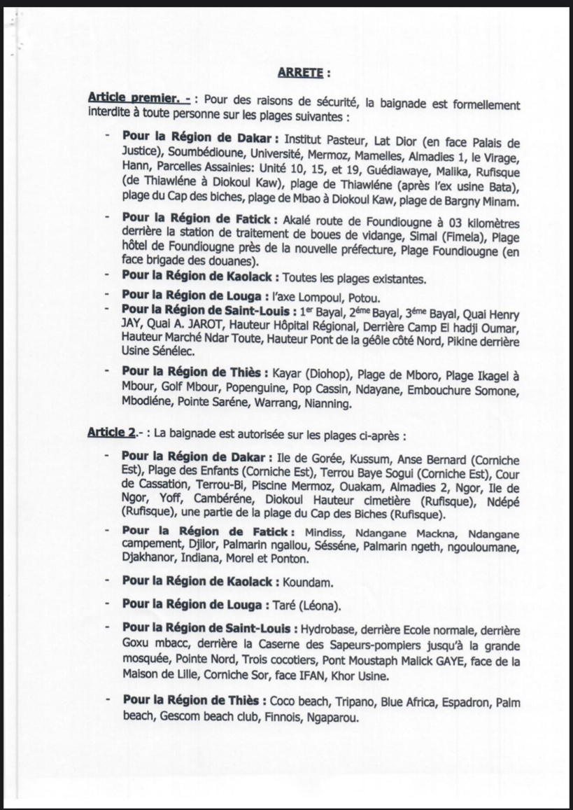 Le ministre de l’Intérieur fait le classement des plages autorisées pour les baignades et celles non-autorisées (Document) Le ministre de l’Intérieur fait le classement des plages autorisées pour les baignades et celles non-autorisées (Document)