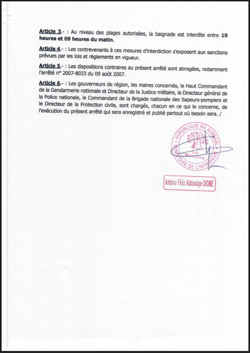 Le ministre de l’Intérieur fait le classement des plages autorisées pour les baignades et celles non-autorisées (Document) Le ministre de l’Intérieur fait le classement des plages autorisées pour les baignades et celles non-autorisées (Document)