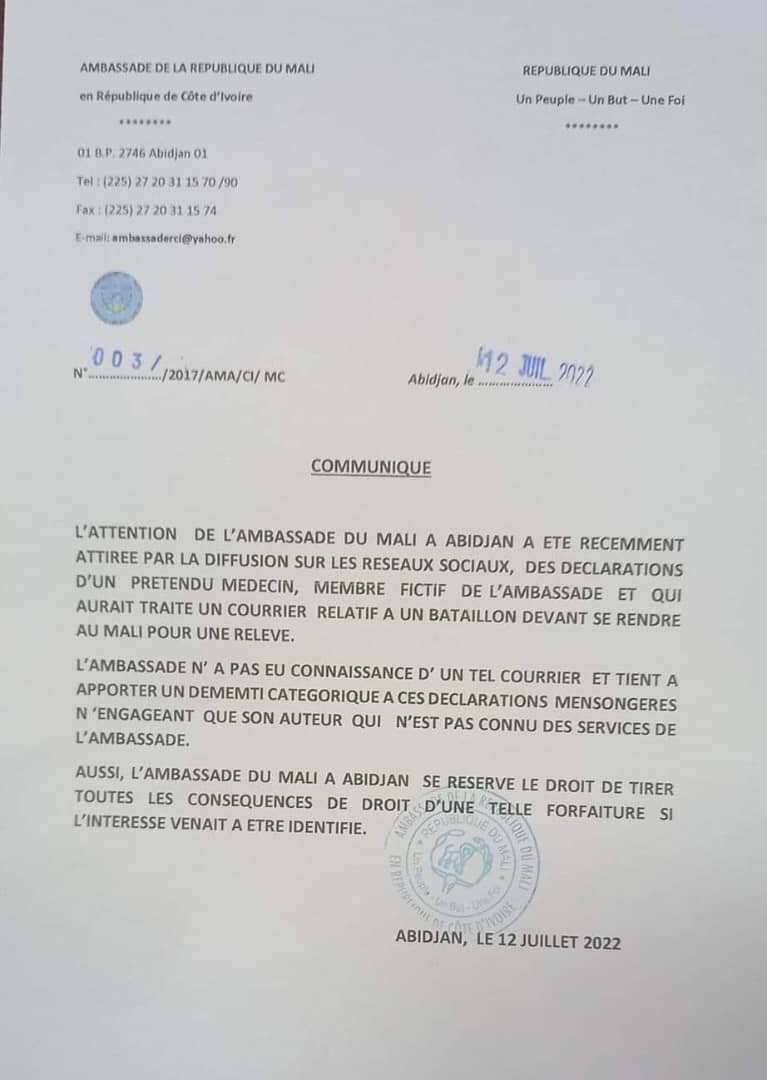 Affaire des 49 soldats ivoiriens : l’ambassade du Mali en Côte d’Ivoire dément avoir reçu un courrier