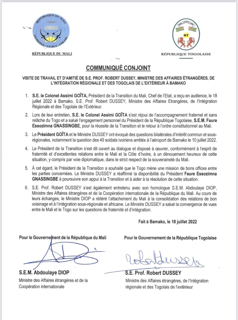Arrestation des 49 soldats ivoiriens au Mali : Goïta s'est dit ouvert à un dialogue pour un "dénouement heureux", après un entretien avec un ministre togolais Arrestation des 49 soldats ivoiriens au Mali : Goïta s'est dit ouvert à un dialogue pour un "dénouement heureux", après un entretien avec un ministre togolais