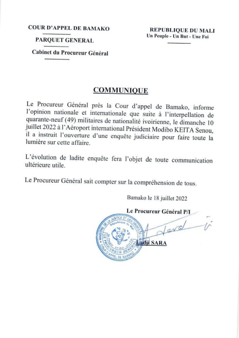Mali: le Procureur Général instruit le dossier des 49 soldats ivoiriens arrêtés
