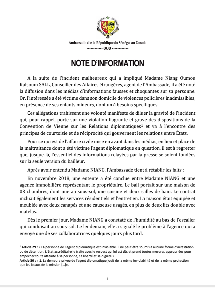 Diplomate sénégalaise tabassée : l'ambassade du Sénégal au Canada dénonce « la diffusion d'informations fausses et choquantes » et livre sa version