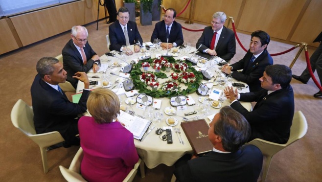 Le dîner du G7 a réuni sept chefs d'Etat au lieu de huit, pour la première fois depuis 1998. REUTERS/Yves Herman