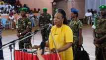 La président Catherine Samba-Panza lors de son discours à l'occasion de cette marche pour la paix, le 9 août.