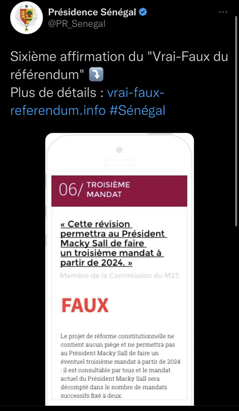 La Présidence du Sénégal a supprimé son tweet qui indiquait que Macky Sall n’a pas droit à un 3e mandat