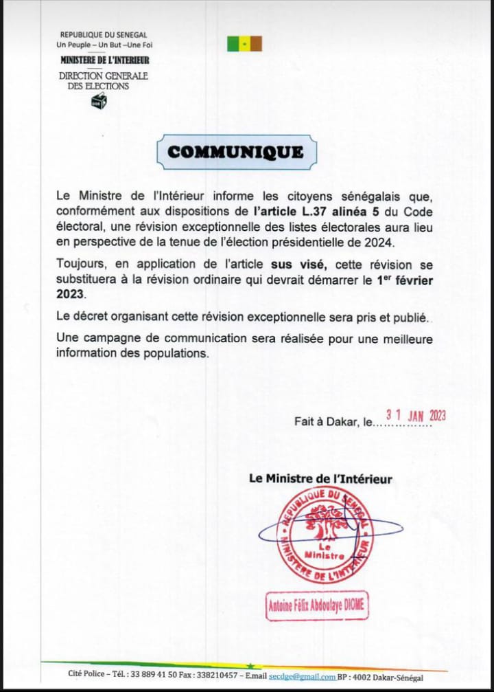 Présidentielle 2024: le ministre de l’Intérieur annonce la tenue prochaine d’une révision exceptionnelle des listes électorales 