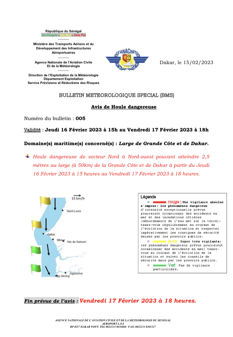 Sénégal: l'Anacim annonce une houle « dangereuse », pour demain 16 février