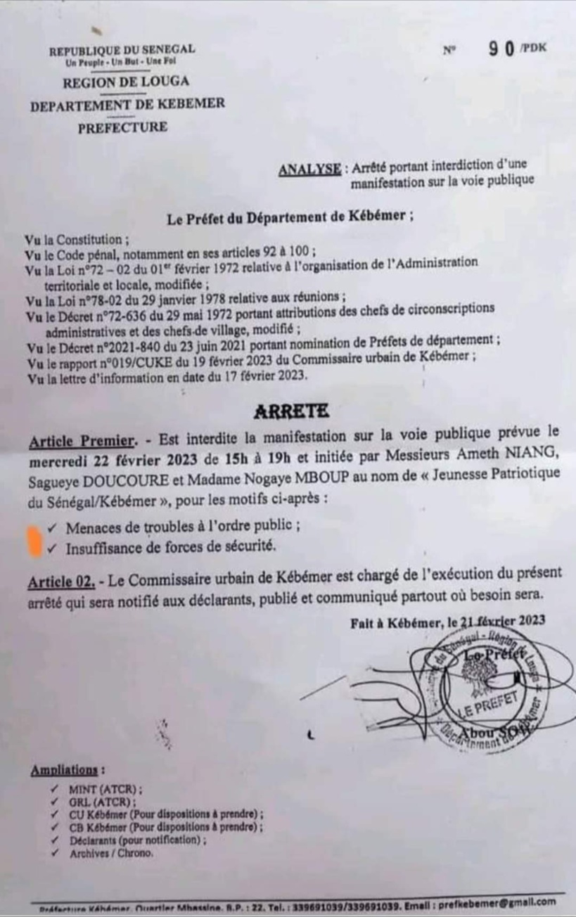 Kebemer: le Préfet interdit la tenue d’une manifestation de Pastef Kebemer: le Préfet interdit la tenue d’une manifestation de Pastef