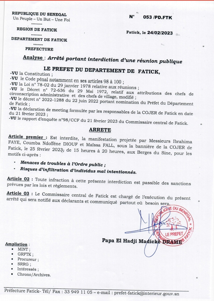 Le préfet de Fatick interdit les manifestations de Cojer et de Pastef prévues ce samedi