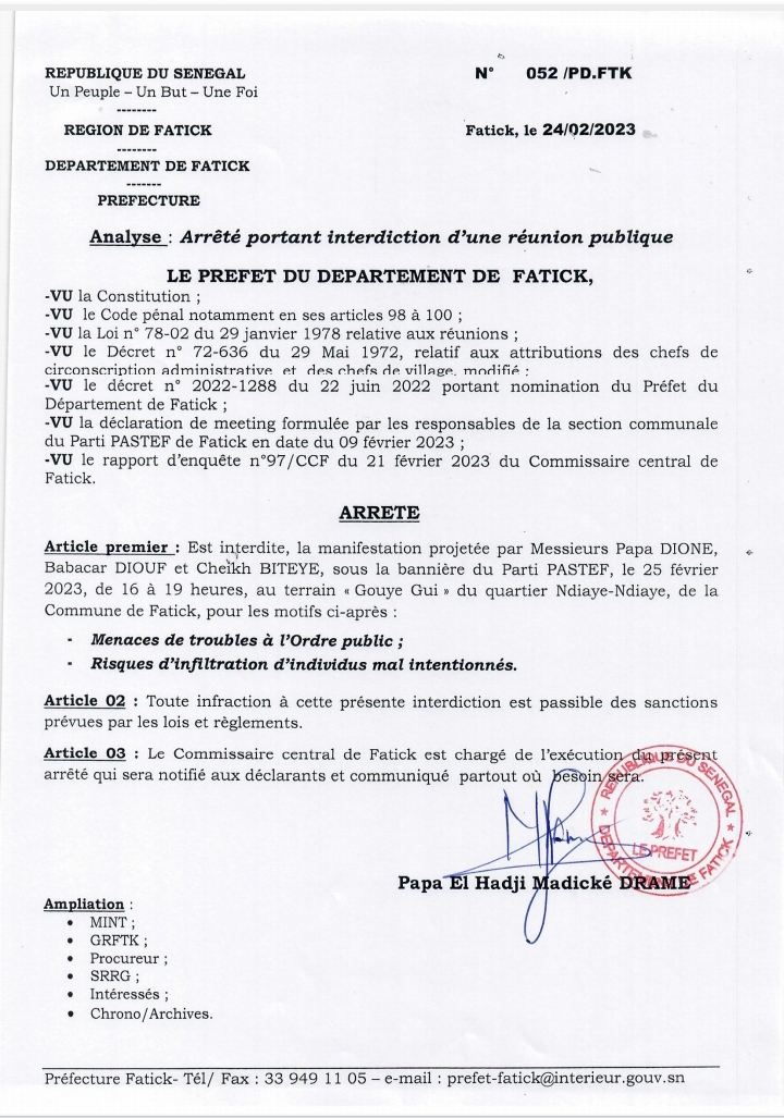Le préfet de Fatick interdit les manifestations de Cojer et de Pastef prévues ce samedi