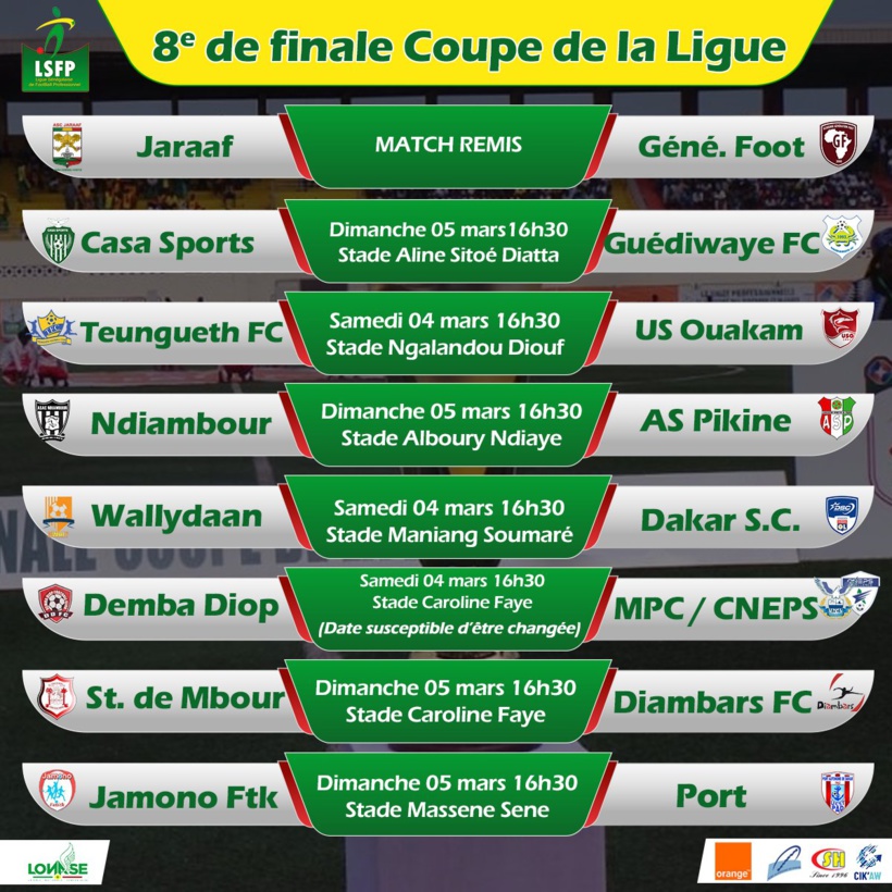 Coupe de la Ligue (8èmes de finale): Derbys palpitants Teungueth FC / US Ouakam et Stade de Mbour / Diambars Coupe de la Ligue (8èmes de finale): Derbys palpitants Teungueth FC / US Ouakam et Stade de Mbour / Diambars