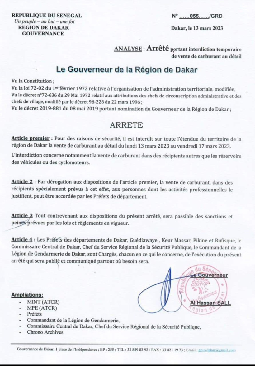 Série de manifestations annoncée par YAW: le Gouverneur de Dakar sort un arrêté pour interdire la vente de carburant au détail Série de manifestations annoncée par YAW: le Gouverneur de Dakar sort un arrêté pour interdire la vente de carburant au détail