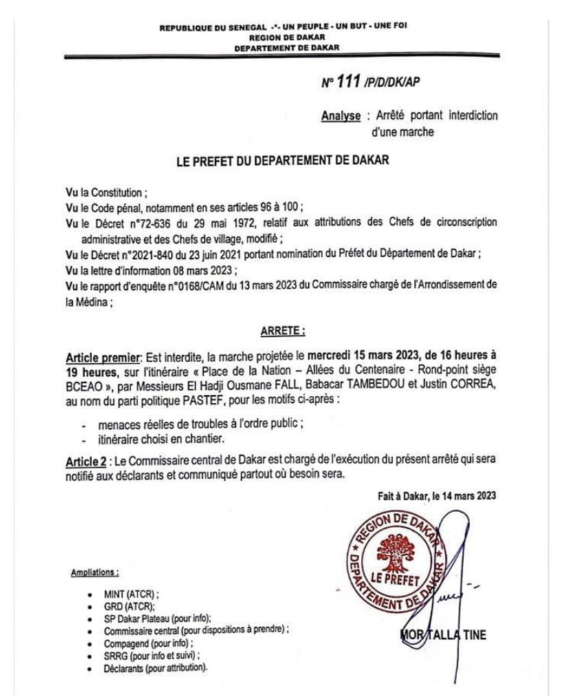 Arrêté du préfet de Dakar portant interdiction de la marche de Pastef à Dakar Arrêté du préfet de Dakar portant interdiction de la marche de Pastef à Dakar