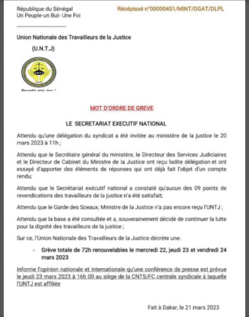 L’Union des travailleurs de la justice décrète une grève totale de 72 heures renouvelables L’Union des travailleurs de la justice décrète une grève totale de 72 heures renouvelables