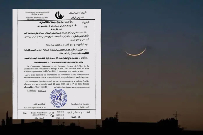 La Coordination des musulmans du Sénégal n’a pas aperçu la lune ce mardi: elle commencera le jeûne jeudi 23 mars La Coordination des musulmans du Sénégal n’a pas aperçu la lune ce mardi: elle commencera le jeûne jeudi 23 mars