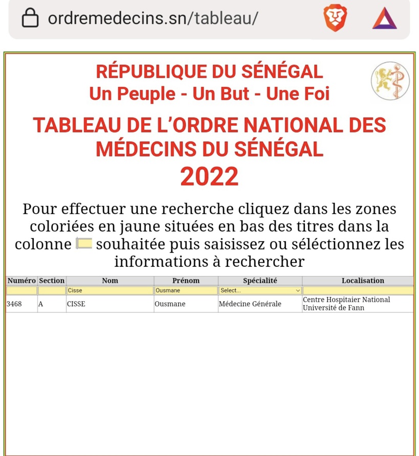 Affaire médecin traitant de Sonko: le Dr Ousmane Cissé est bien sur le tableau de l'Ordre national des médecins du Sénégal Affaire médecin traitant de Sonko: le Dr Ousmane Cissé est bien sur le tableau de l'Ordre national des médecins du Sénégal